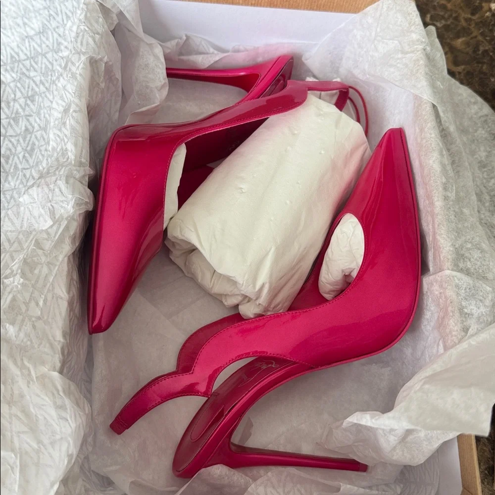 Christian Louboutin hot chick sling pinup pink patent scallop stiletto sz 39.5